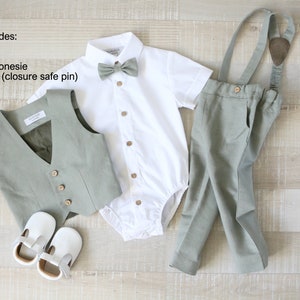 Baby boy olive green suit set, Page boy vest, pants, shirt, Ring bearer suit image 2