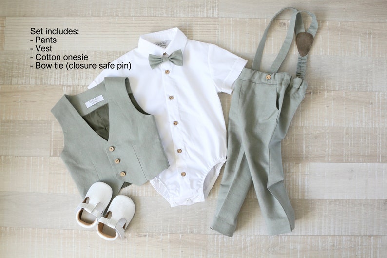 Baby boy olive green suit set, Page boy vest, pants, shirt, Ring bearer suit image 2