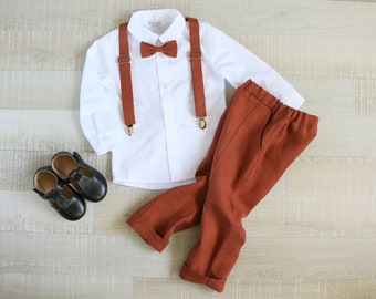 Boys burnt rust pants with straps, Page boy linen outfit, Toddler shirt + pants+ bow tie, suspenders