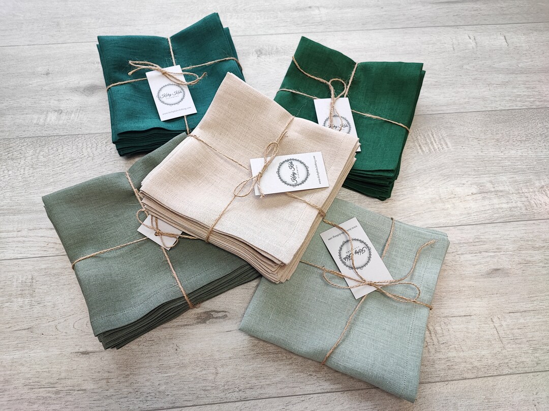 Green Linen Napkin Set, Soft Linen Emerald Green Napkins, Large Napkins