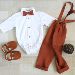 Baby boy green suit set, Dress shirt for boys, Page boy outfit, Vest, Shirt, pants, bow tie 21-Burnt rust