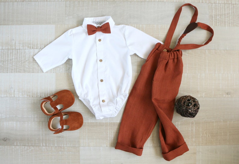 Baby boy green suit set, Dress shirt for boys, Page boy outfit, Vest, Shirt, pants, bow tie 21-Burnt rust