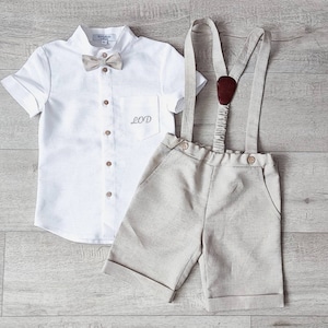 Boys personalized shirt, linen carrier shorts, page boy summer outfit
