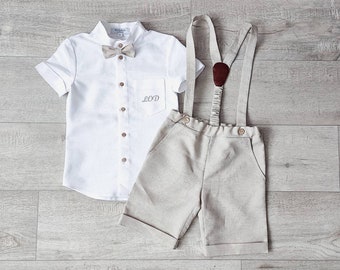 Boys personalized shirt, linen carrier shorts, page boy summer outfit