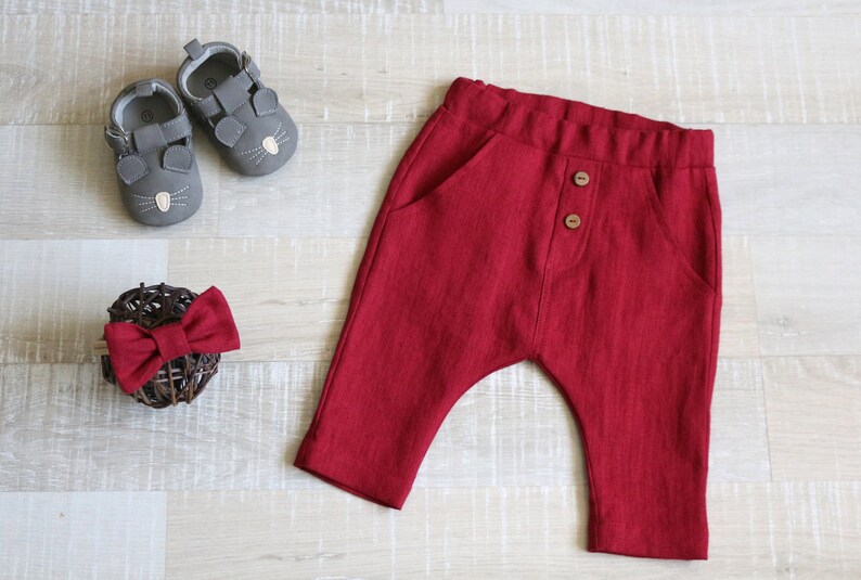 Baby girls burgundy baggy pants Kids trousers Infant linen Etsy