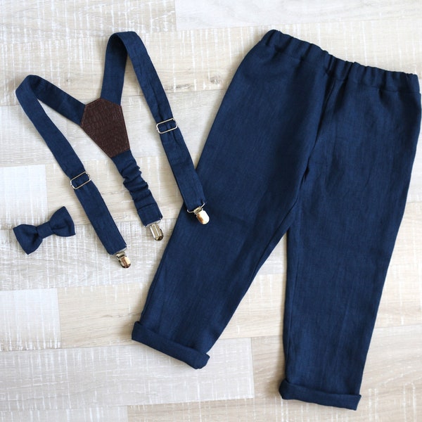 Pantalon bleu garçons, bretelles pour enfants, mouche marine, tenue de porteur de bague, vêtements pour bébé