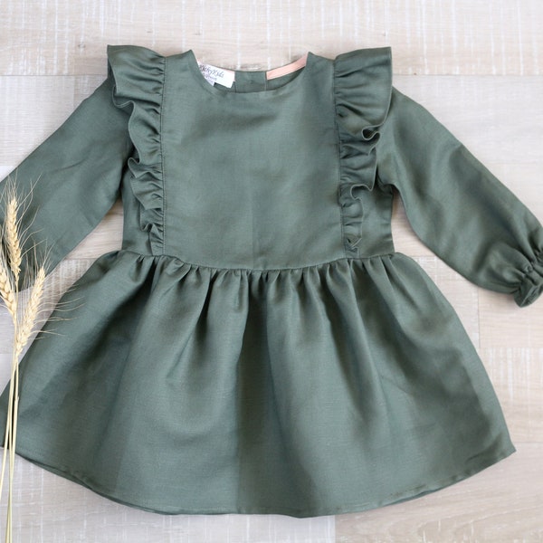 Robes vert sauge pour fille, vêtement bébé à volants et robes à manches volantées