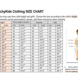 May include: A size chart for children's clothing, with measurements in inches and centimeters. The chart includes sizes from newborn to 10-11 years, detailing height, inseam, and hip measurements. A diagram illustrates how to measure a child for clothing.
