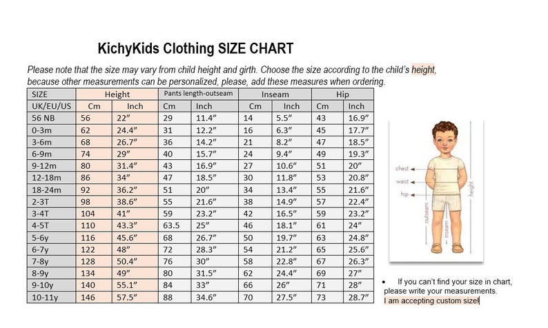 May include: A size chart for children's clothing, with measurements in inches and centimeters. The chart includes sizes from newborn to 10-11 years, detailing height, inseam, and hip measurements. A diagram illustrates how to measure a child for clothing.
