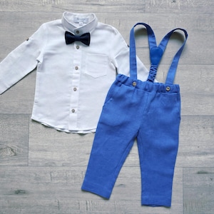 Pagen Junge Kornblumen Anzug Set, Baby Leinen Trägerhose, Taufe Straps Outfit