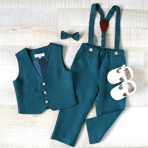 Page boy deep teal blue pants suit set, Vest, Pants with straps