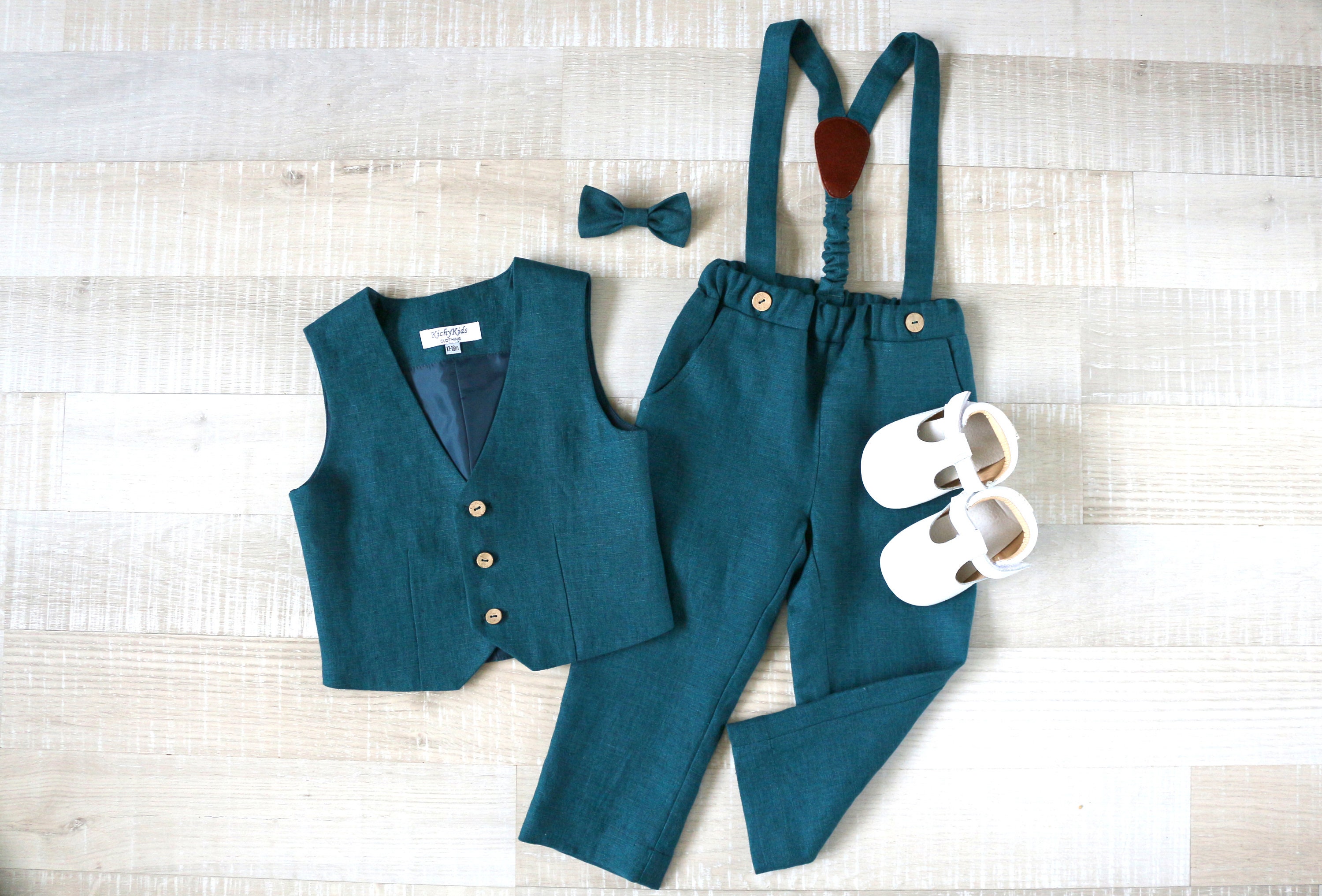 Page boy deep teal blue pants suit set, Vest, Pants with straps