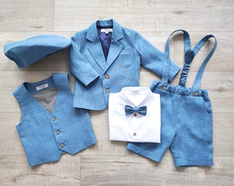 Traje azul portador de anillos, Traje para bebé niño, Chaqueta, pantalón corto, Traje de boda de verano