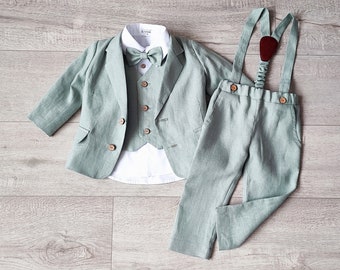 Ringdrager eucalyptus outfits, pak voor babyjongen, jas, broek, vest, pagina jongen salie pak