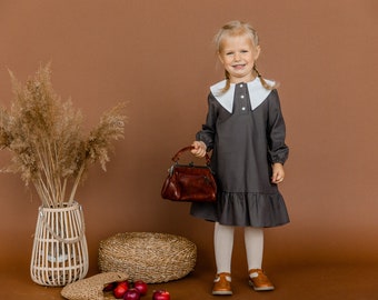 Abito elegante vecchia scuola per ragazze, colletto bianco, abito con colletto lungo, abito scolastico