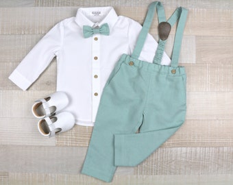 Page boy suit set, Baby boy linen carrier pants, suspender outfit