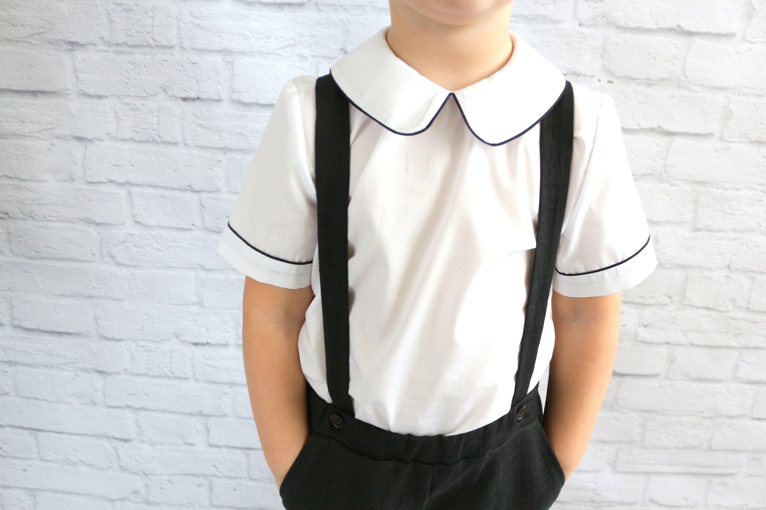 Page boy outfit a black shorts with braces cotton shirt Etsy