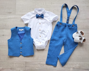 Ensemble costume cobalt pour bébé garçon, chemise habillée pour garçon, tenue page garçon, gilet, chemise, pantalon, noeud papillon