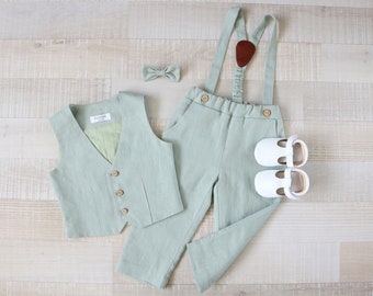 Page boy green suit set, Baby linen carrier pants, toddler vest