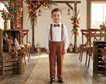 Boys Burnt Rust Linen Outfit: Toddler Shirt, Pants, Bow Tie & Suspenders