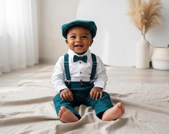 Conjunto de lino para boda de niña pequeña, conjunto de pantalón con sombrero, camisa, pantalón, tirantes, ropa ceremonial.