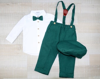 Page boy green outfit, Suspender pants, kids shirt, Hat