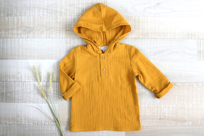 Muslin jumper with long sleeves, Organic baby clothes, Boys muslin shirt, Jumper with hoodie image 2