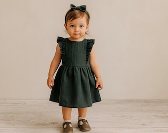 Abito in lino verde da bambina, abito con volant per bambini, vestiti biologici
