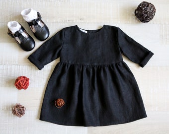 Black linen dress a, toddler garment, school dress