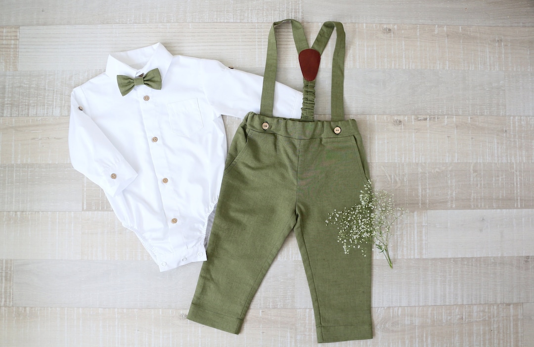 Completo verde oliva per neonato, Camicia elegante per bambino
