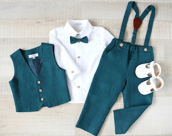 Baby boy deep teal suit set a, Baptism pants with straps