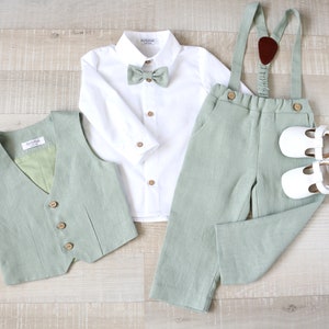 Baby Eukalyptus Anzug für Jungen, Taufhose mit Riemen, Kleinkind Hochzeitsoutfit
