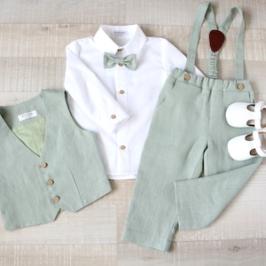 Baby boy eucalyptus suit set, Baptism pants with straps, Toddler wedding outfit