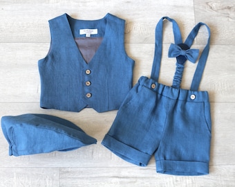 Tenue bleu garçon page, vêtements de bénédiction, ensemble court avec gilet + chapeau + noeud papillon