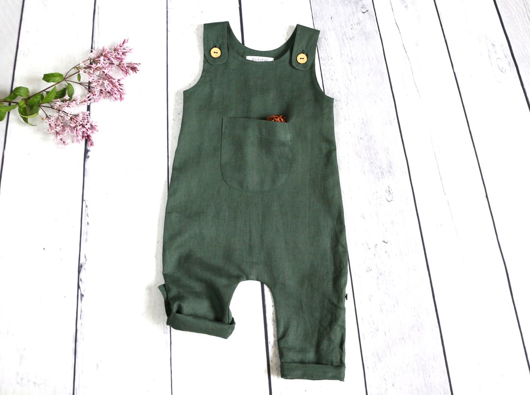 Baby Linen Overalls B, Infant Romper, Preemie Overall With Pocket, Girl
