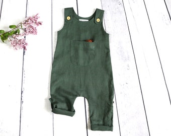 Baby linen overalls, Overalls with large pocket, Girls playsuits, Summer playsuit