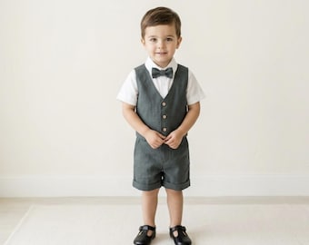 Boys dark green ring bearer outfit, Ceremonial set, Vest, Bermudas, shirt, bow tie