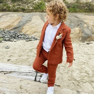 Boys Burnt Rust Linen Outfit: Toddler Shirt, Pants, Bow Tie ...