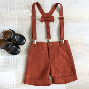 Burnt rust shorts, straps, bow tie, Toddler boy dress, Boys short set, Rust bermudas shorts with braces