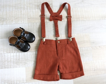 Burnt rust shorts, straps, bow tie, Toddler boy dress, Boys short set, Rust bermudas shorts with braces