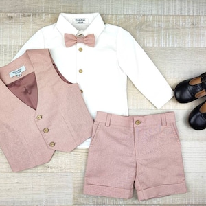Boys Short Suit Set: Handmade Baby Waistcoat Outfit with Bow Tie