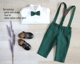 Page boy emerald green suit set, Baby boy linen carrier pants, Suspender outfit