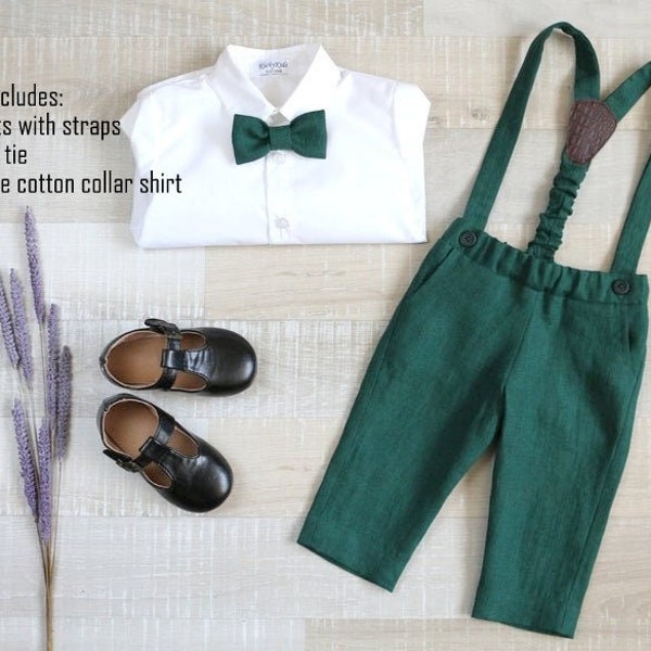 Page boy emerald green suit set, Baby boy linen carrier pants, Suspender outfit