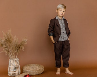 Veste en lin pour garçon avec poche poitrine, blazer pour enfant, pantalon marron, pantalon chino