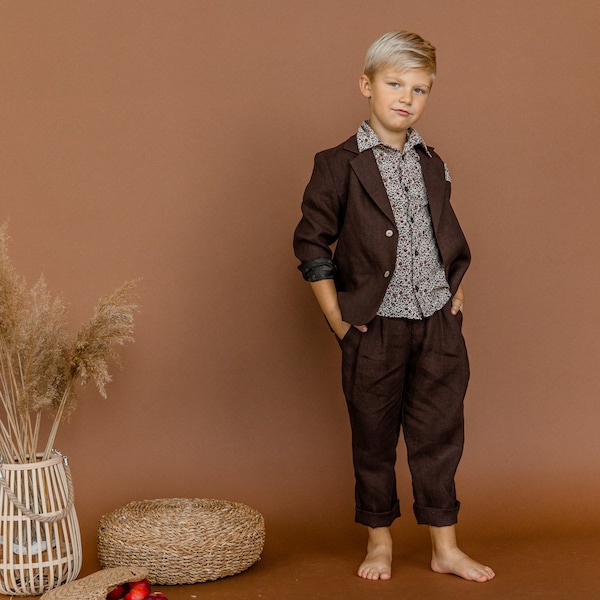 Veste en lin pour garçon avec poche poitrine, blazer pour enfant, pantalon marron, pantalon chino