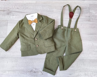 Page boy olive green suits, Ring bearer jacket outfits, Jacket, pants, shirt