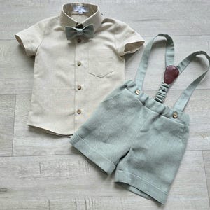 Boys linen carrier shorts with shirt, Bow tie, Ring bearer suit set, baptism outfits