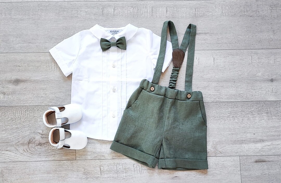 Boys Sage Green Shorts Shirt, Page Boy Outfit A, Cotton Shirt, Ring
