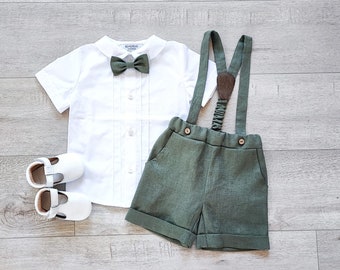 Boys sage green shorts + shirt, page boy outfit a, cotton shirt, ring bearer outfit, blessing suit