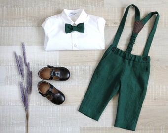 Page boy green suit set Baby boy linen carrier pants Infant trousers Toddler shirt Baptism suspender outfit